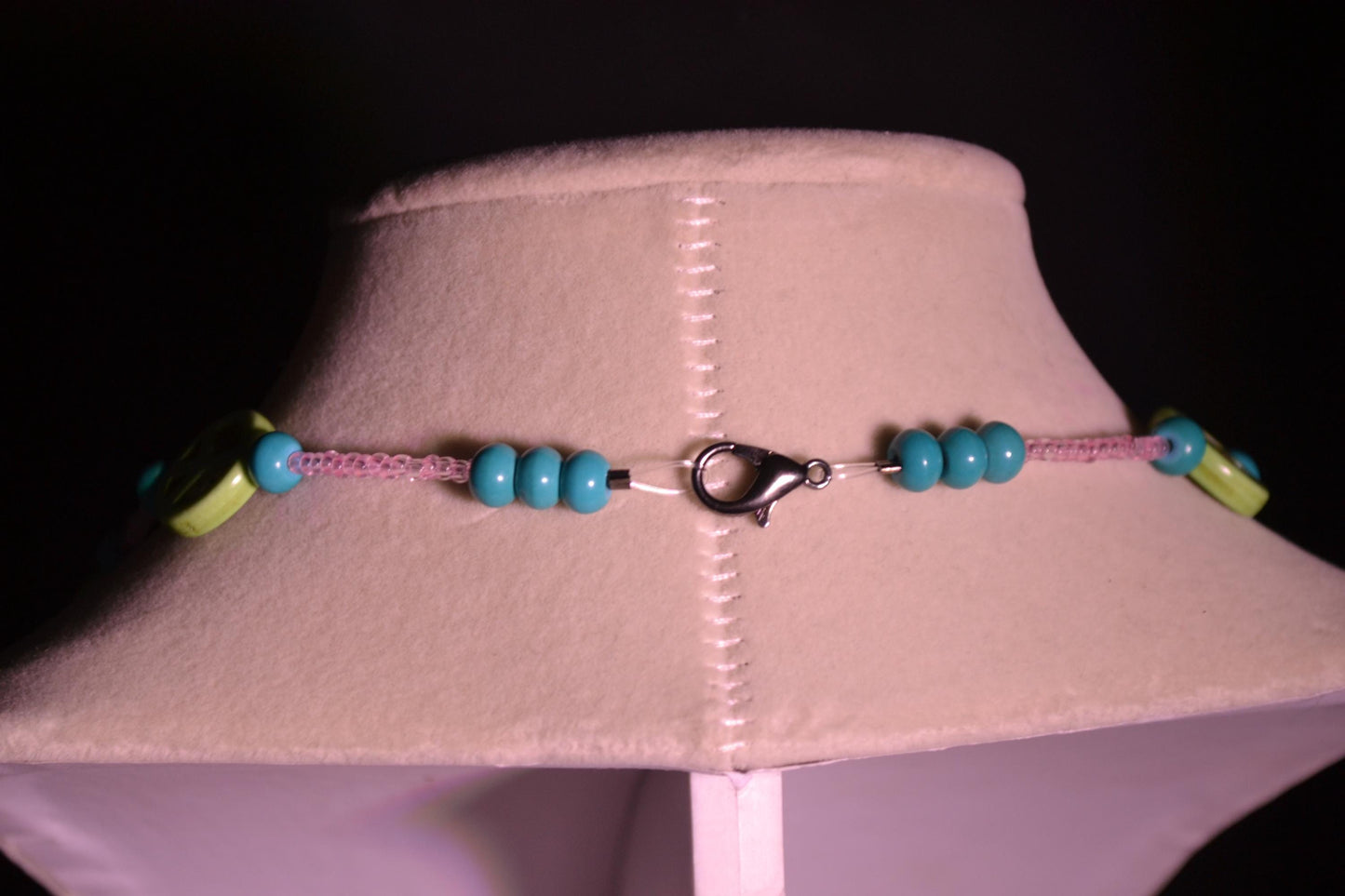 Multicolor glass bead necklace. Peace sign, turquoise, and pink