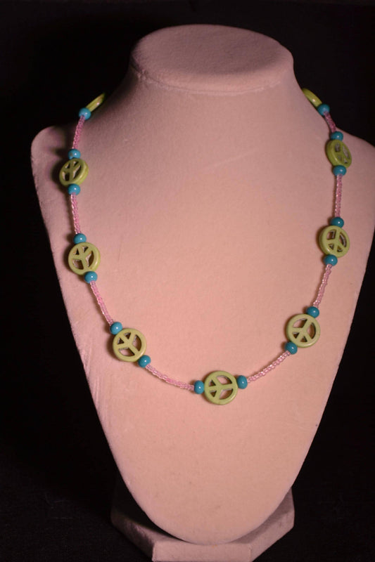 Multicolor glass bead necklace. Peace sign, turquoise, and pink