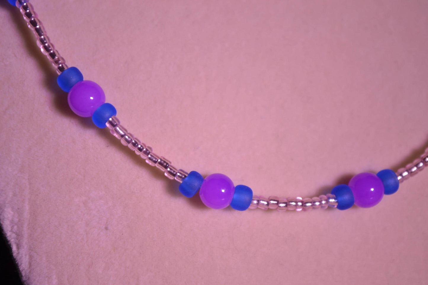 Multicolor glass bead necklace. Purple, rose, and blue
