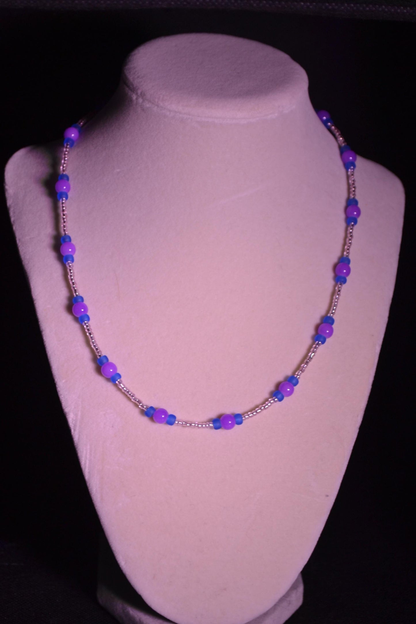 Multicolor glass bead necklace. Purple, rose, and blue