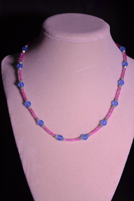 Pink, blue, and green glass bead necklace