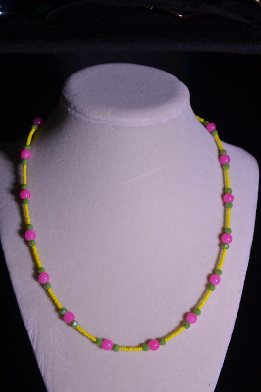 Multicolor glass bead necklace. Pink, yellow, and green