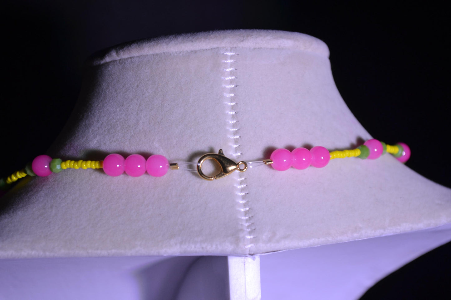 Multicolor glass bead necklace. Pink, yellow, and green