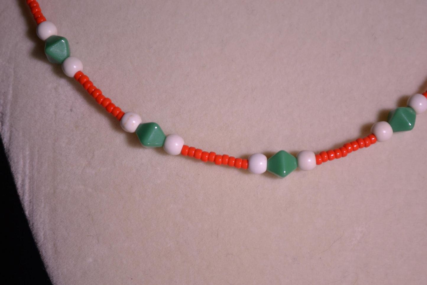 Glass bead necklace. Red, white and green