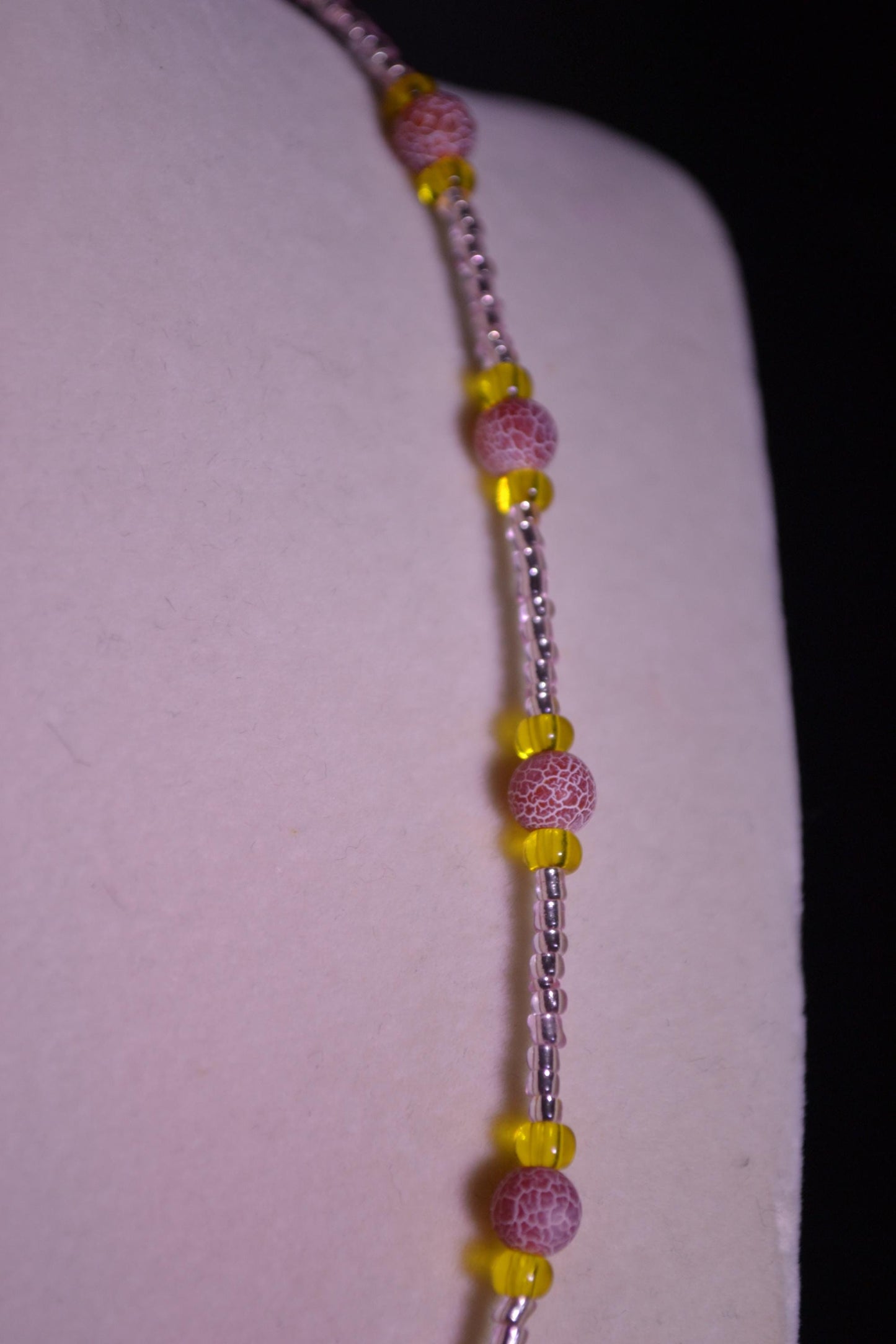 Multicolor glass bead necklace. Crackled red, yellow, and rose
