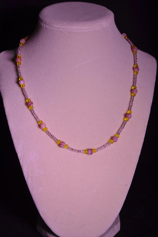 Multicolor glass bead necklace. Crackled red, yellow, and rose