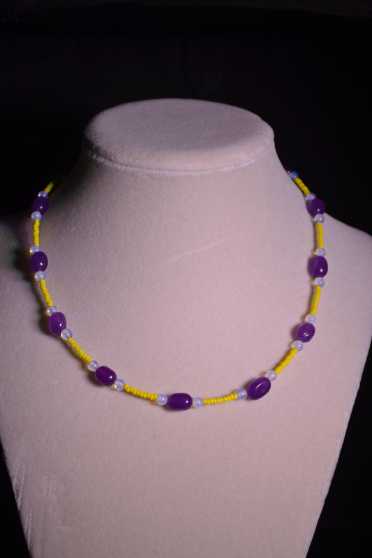 Multicolor glass bead necklace. Purple, yellow, and moonstone