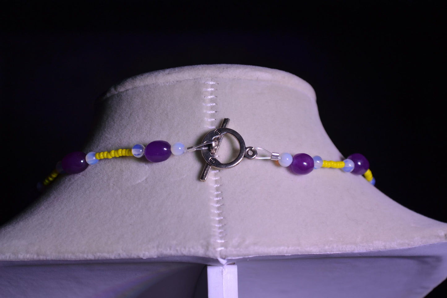 Multicolor glass bead necklace. Purple, yellow, and moonstone