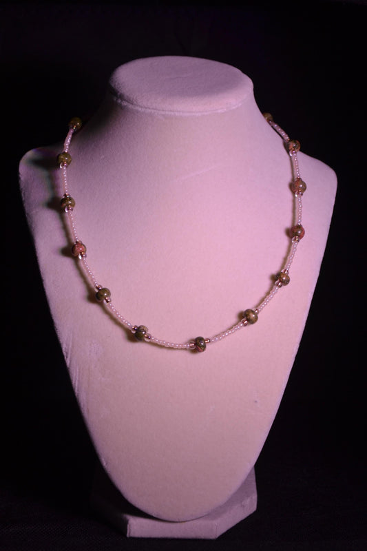 Multicolor glass bead necklace. Jasper and pearl